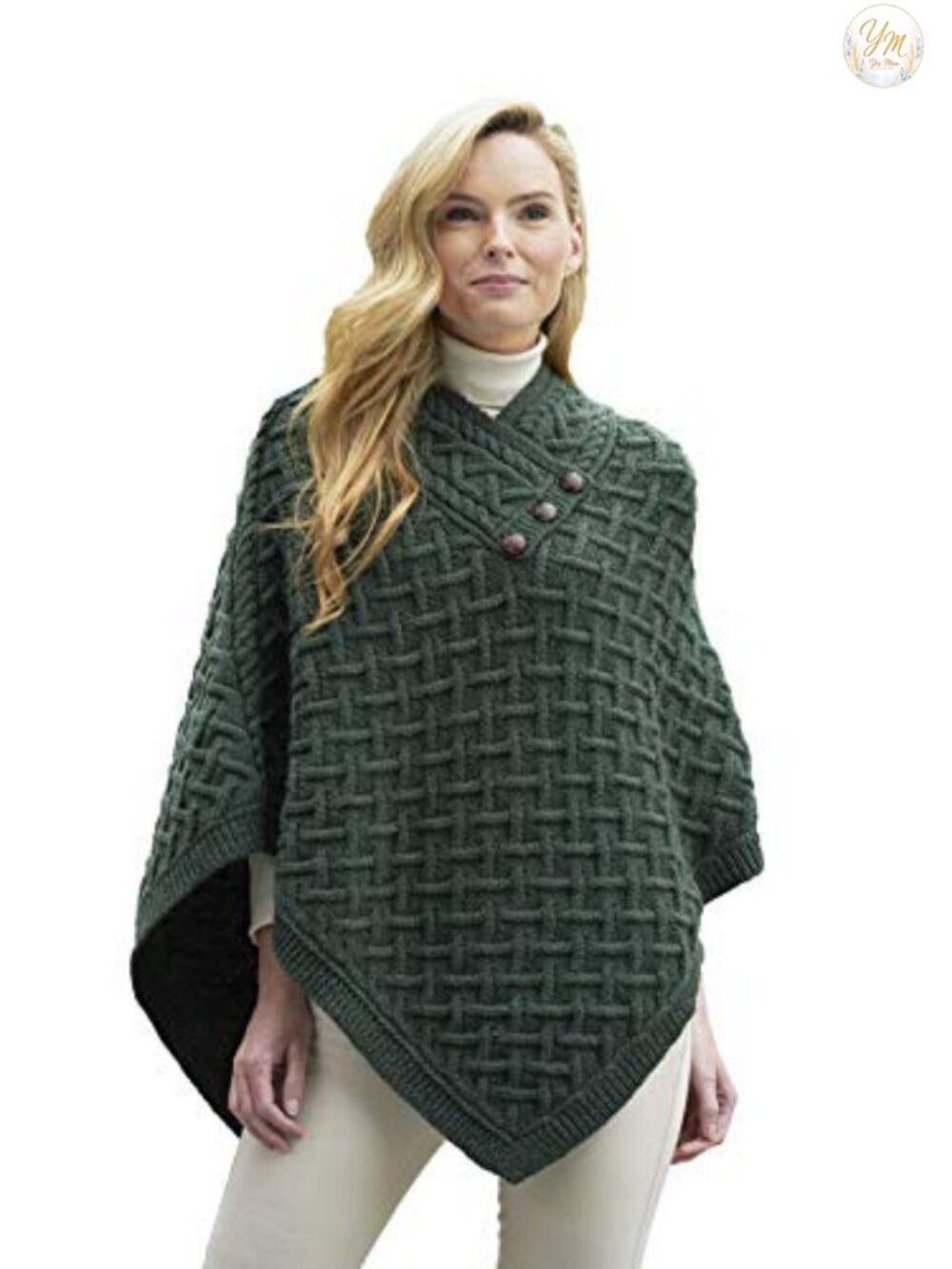 Women's Cable Knit Merino Wool Button Poncho, Warm Irish Sweater Cape